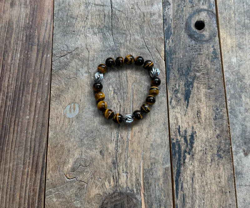 10mm Tiger eye& 3 Chrome Beads Bracelet